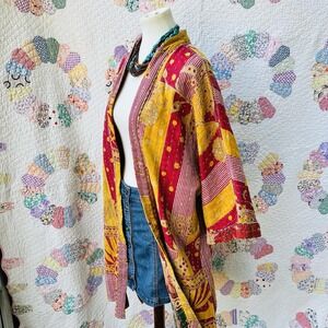 Upcycled Vintage Boho Handmade Gold Kantha Quilt Kimono Duster Jacket One Size